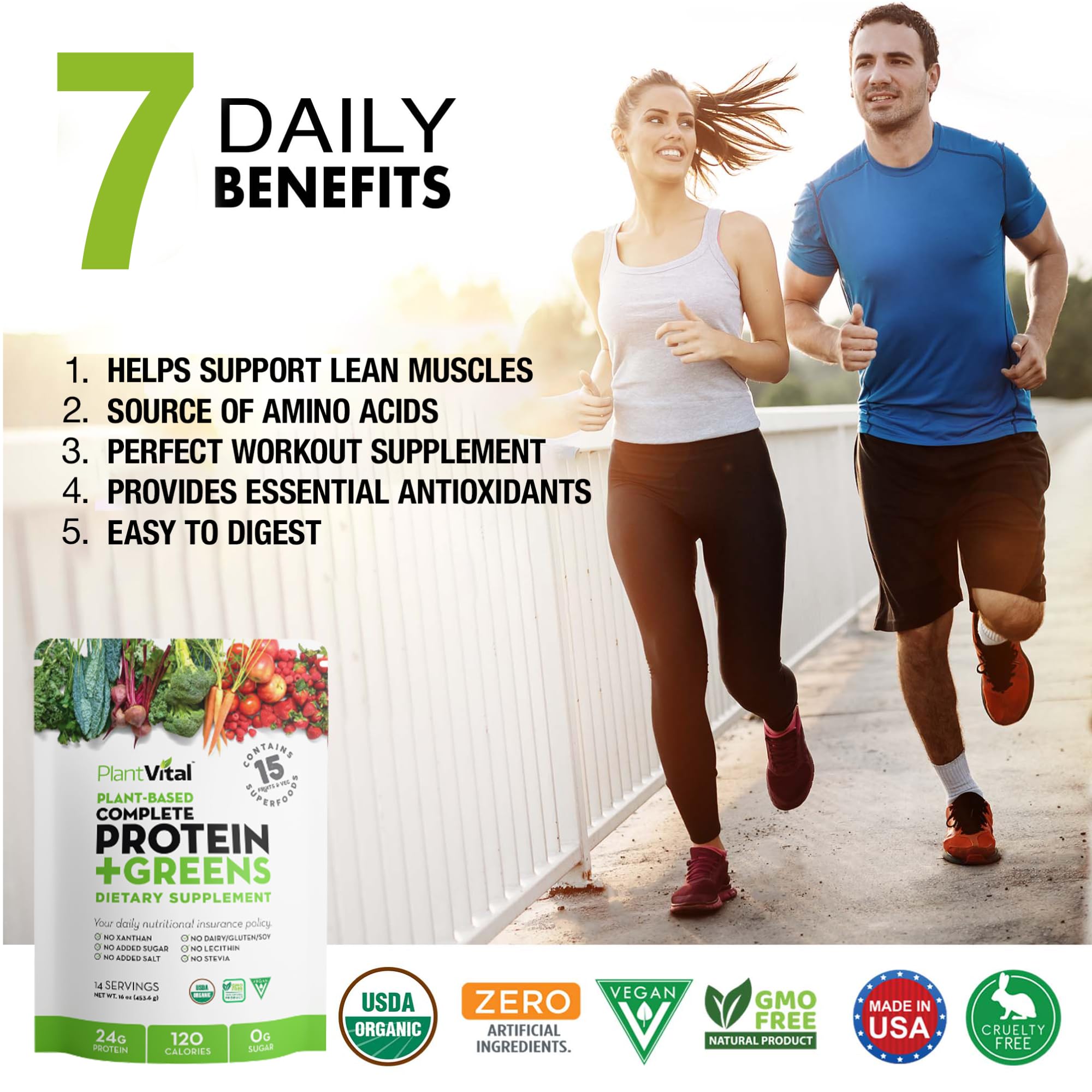 Plantvital probiotics and BCAA icons hint at daily gut-friendly recovery.