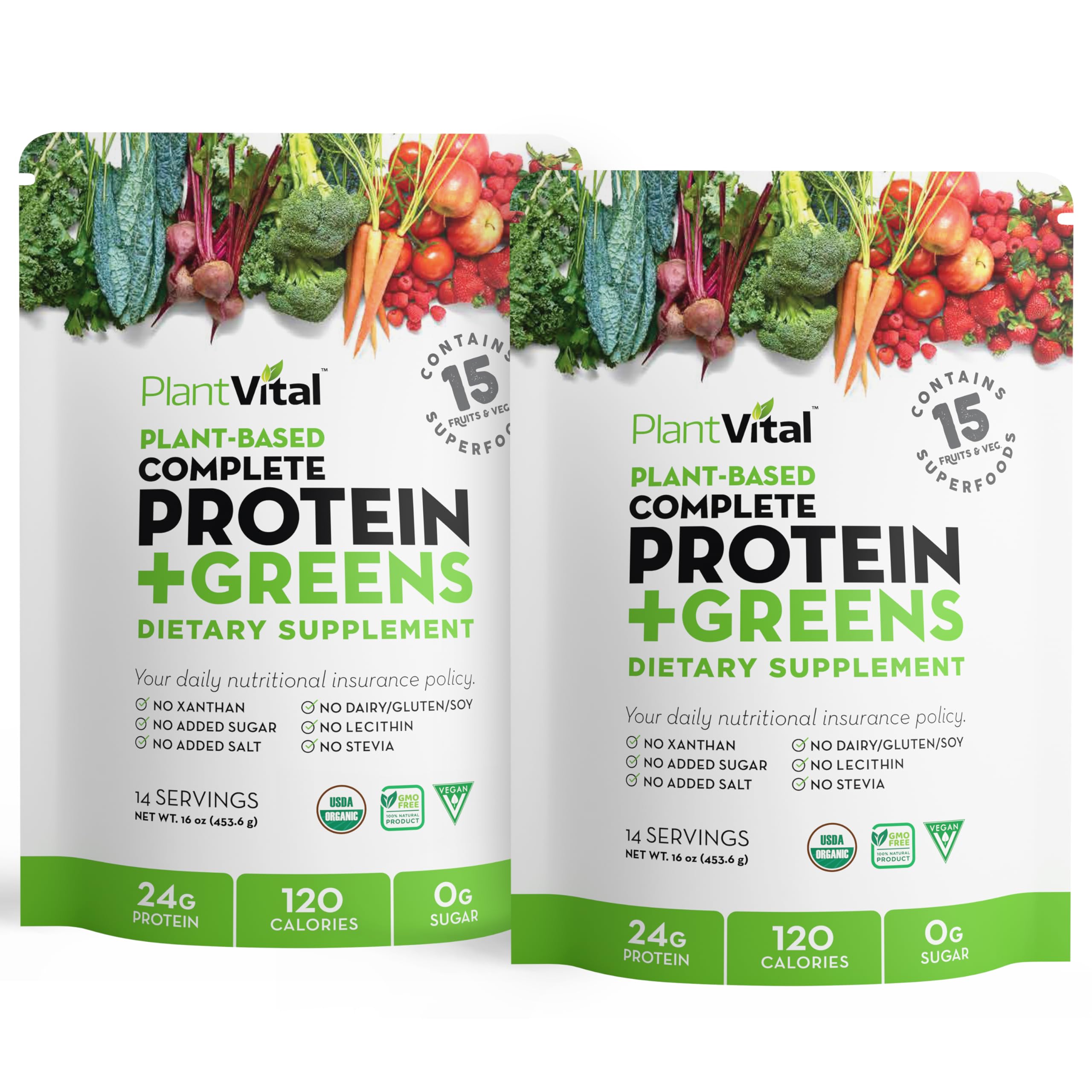 Plantvital unflavored vegan protein bottle shows clean, gluten-free nutrition.