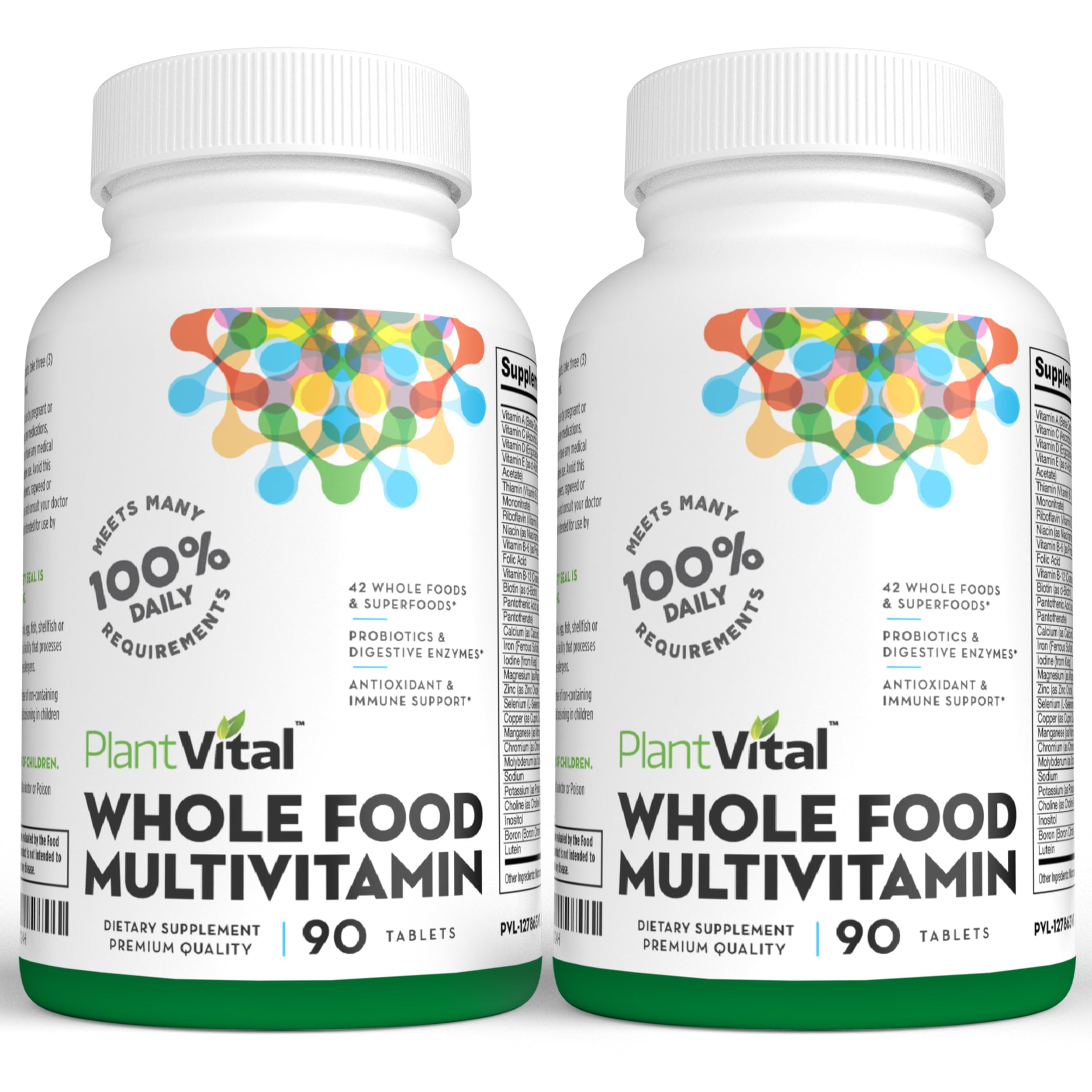 PlantVital Whole Food Multivitamin bottle front highlights natural, plant-based daily wellness.