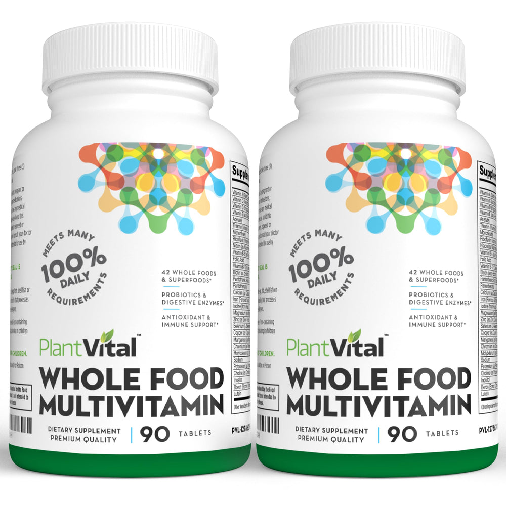 PlantVital Whole Food Multivitamin bottle front highlights natural, plant-based daily wellness.