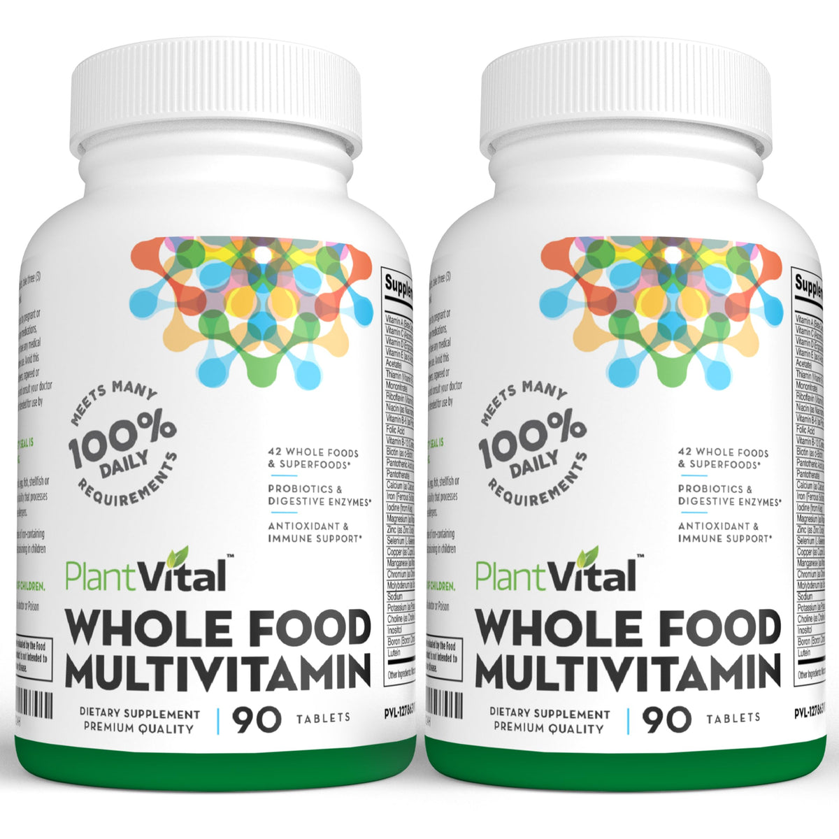 PlantVital Whole Food Multivitamin bottle front highlights natural, plant-based daily wellness.
