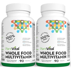 PlantVital Whole Food Multivitamin bottle front highlights natural, plant-based daily wellness.