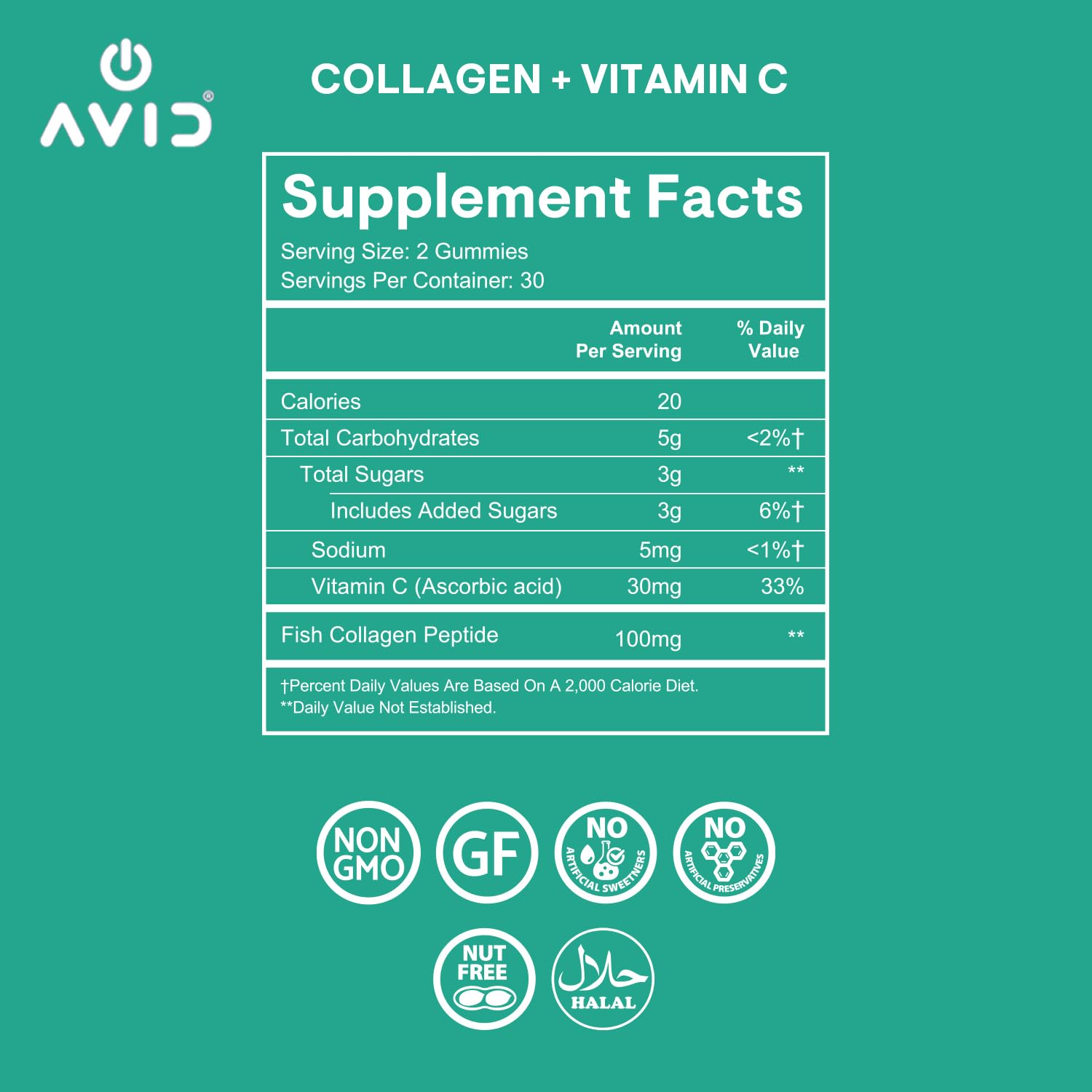 Ingredients list with collagen peptides and vitamin C for skin and joints