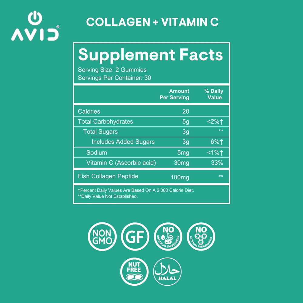 Ingredients list with collagen peptides and vitamin C for skin and joints