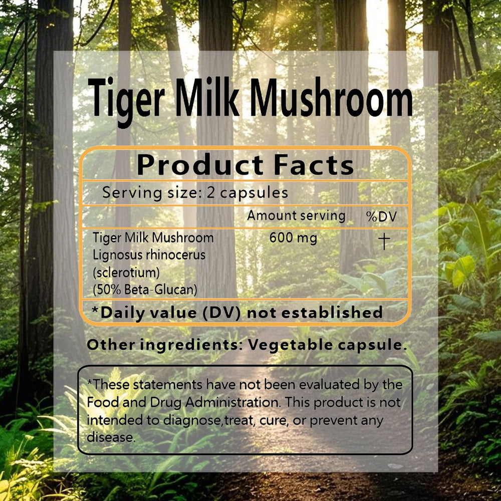 Label detail of Pleasantly Warm Tiger Milk Mushroom showing clean, additive-free formula.