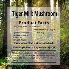 Label detail of Pleasantly Warm Tiger Milk Mushroom showing clean, additive-free formula.