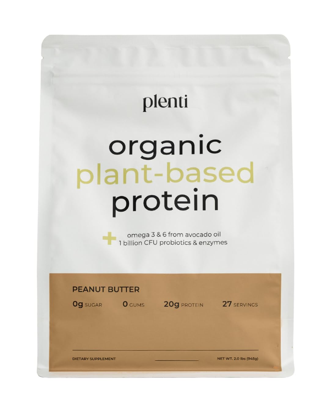Plenti peanut butter protein powder tub with clean label.