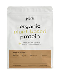 Plenti peanut butter protein powder tub with clean label.