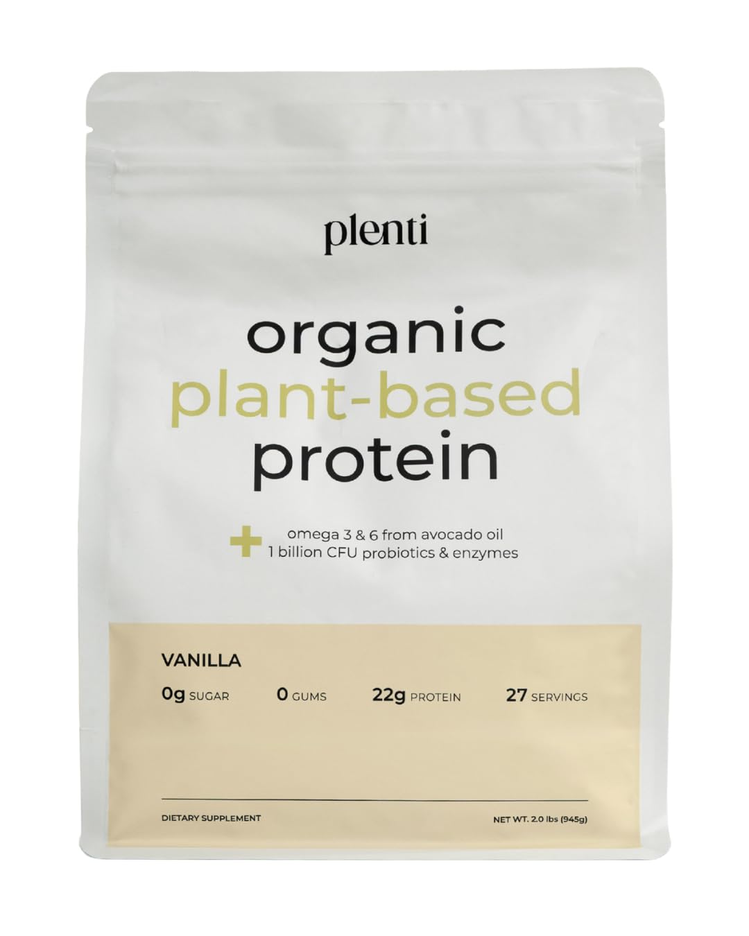 Plenti Vanilla protein powder bottle shows clean ingredients for gut-friendly protein.