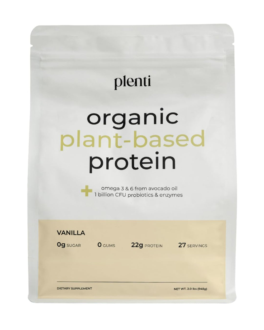 Plenti Vanilla protein powder bottle shows clean ingredients for gut-friendly protein.
