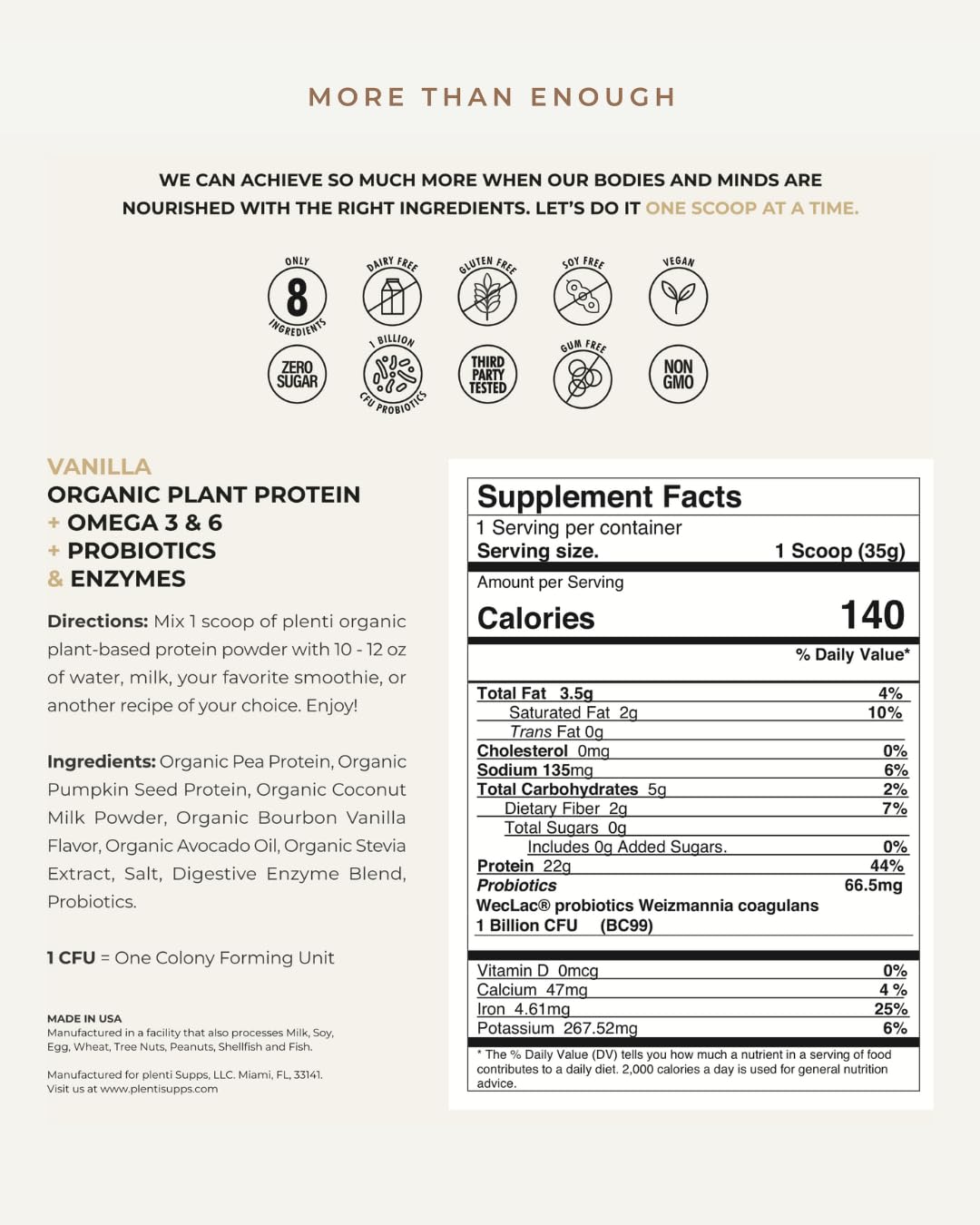 Plenti Vanilla protein shake glass demonstrates easy mixing for smoothies and oats.
