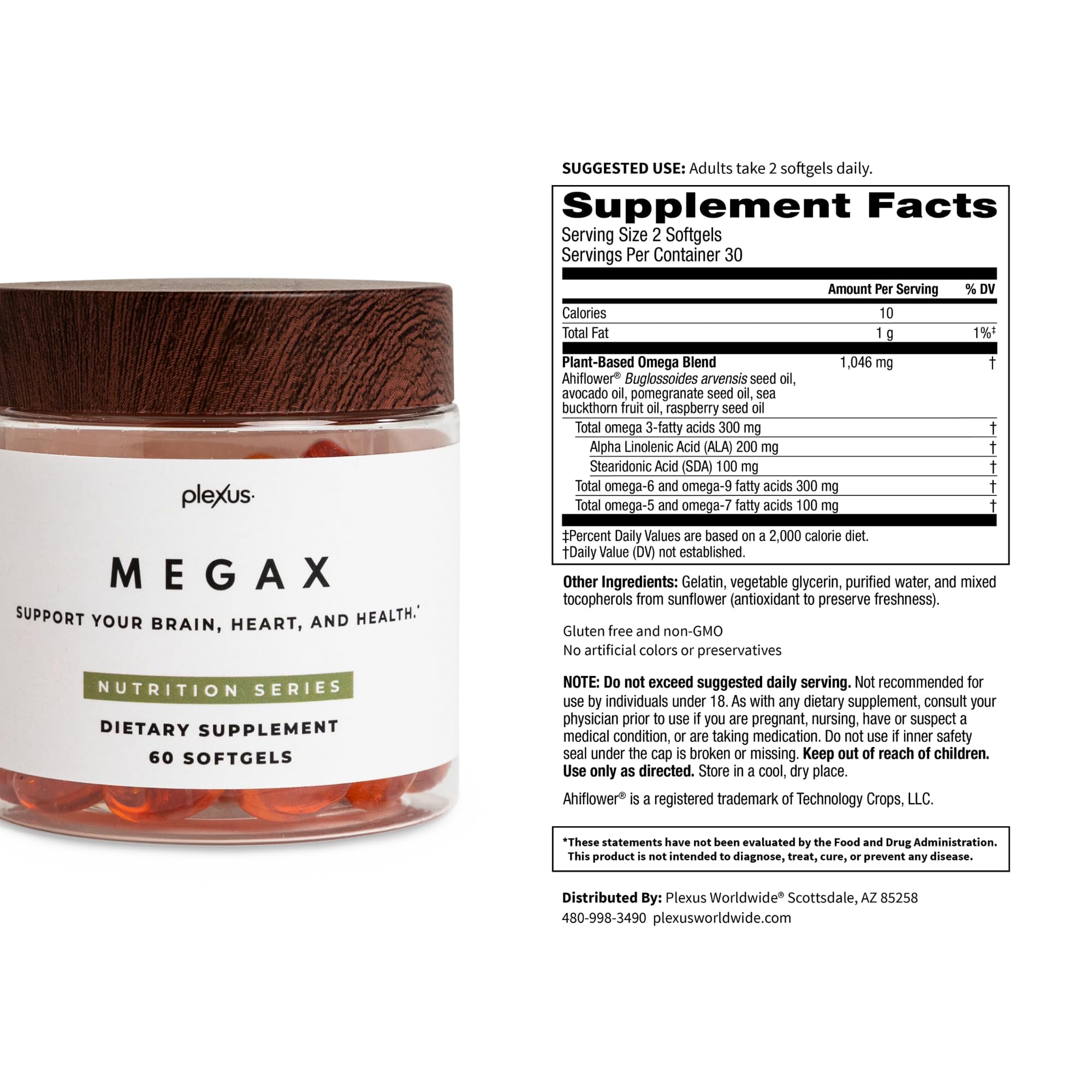 Plexus MegaX sustainability and non-GMO gluten-free labeling.