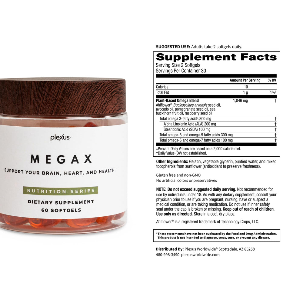 Plexus MegaX sustainability and non-GMO gluten-free labeling.