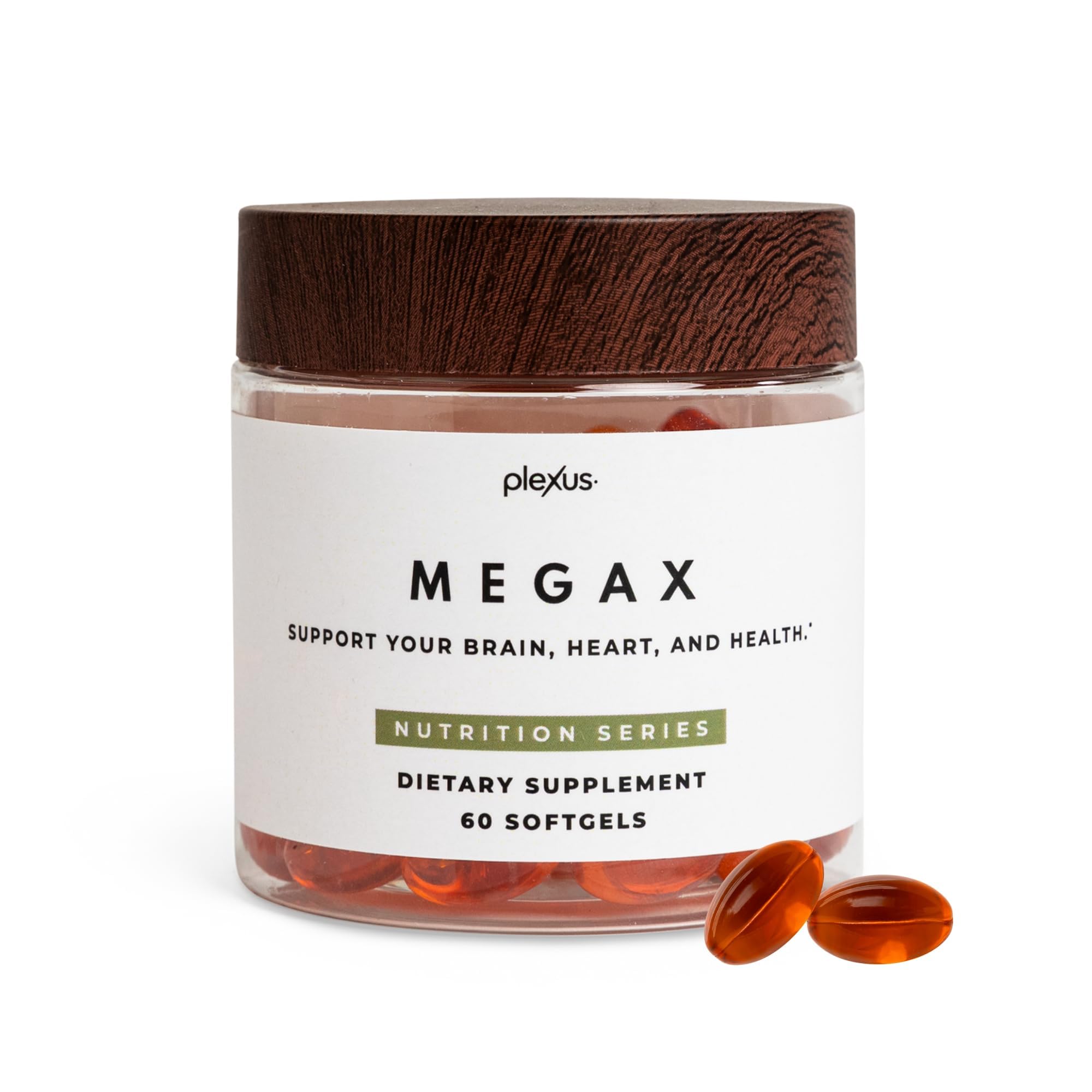 Plexus MegaX soft gels bottle for heart and brain support.
