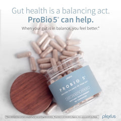 Plexus ProBio 5 capsules being poured into a glass for daily use.