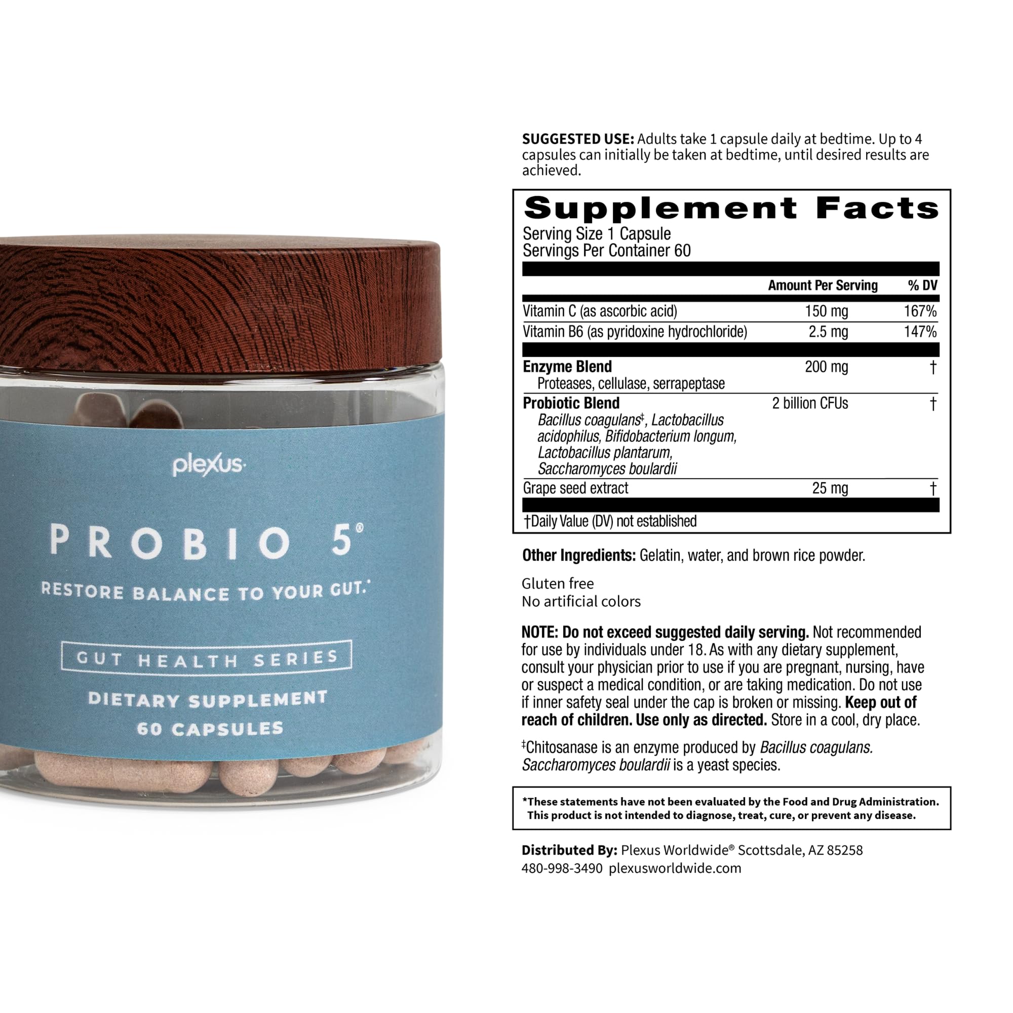 Plexus ProBio 5 bottle with water for daily gut balance.