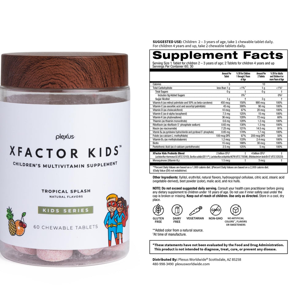 Plexus Xfactor Kids label highlights vitamins C and E for immune support.