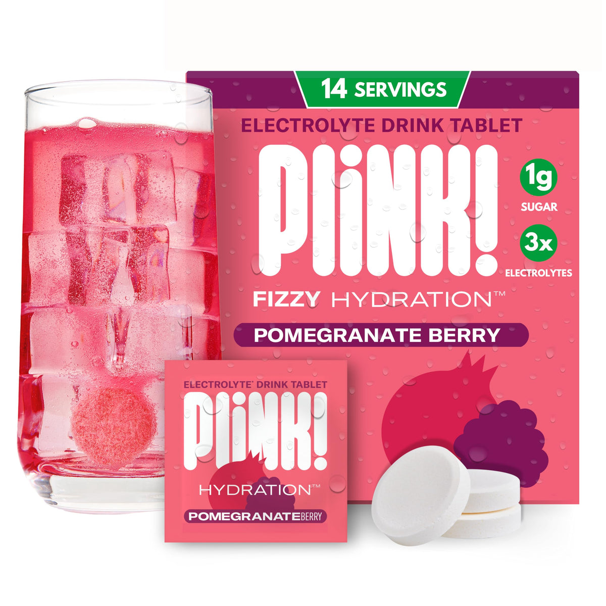 Plink! Pomegranate Berry fizzing tablet dissolving in water for refreshing hydration.