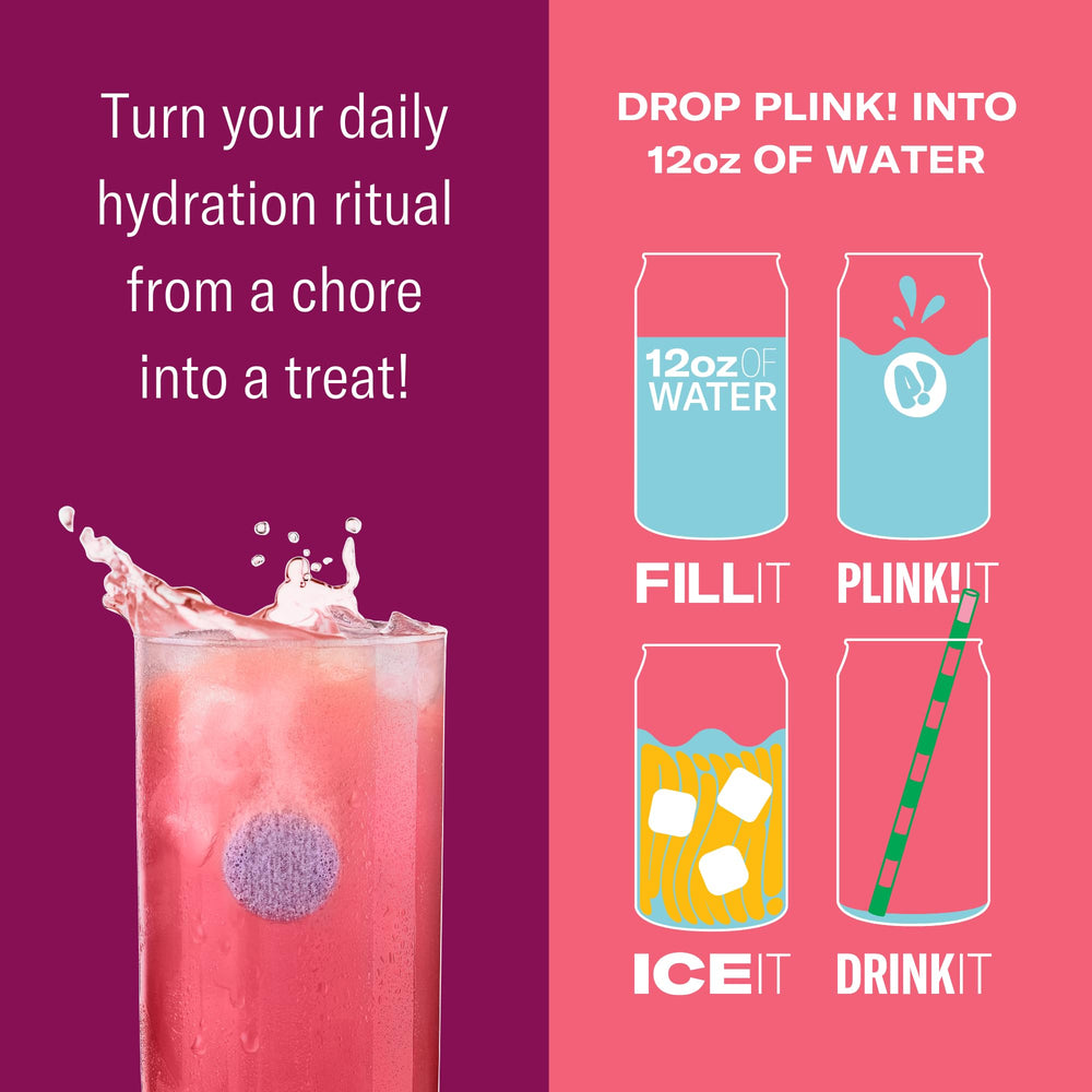 Plink tablet dissolving in a clear glass to reveal Pomegranate Berry flavor.