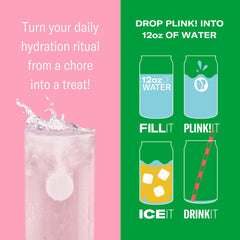 Plink Watermelon tablet in a glass with no stirring needed for quick hydration