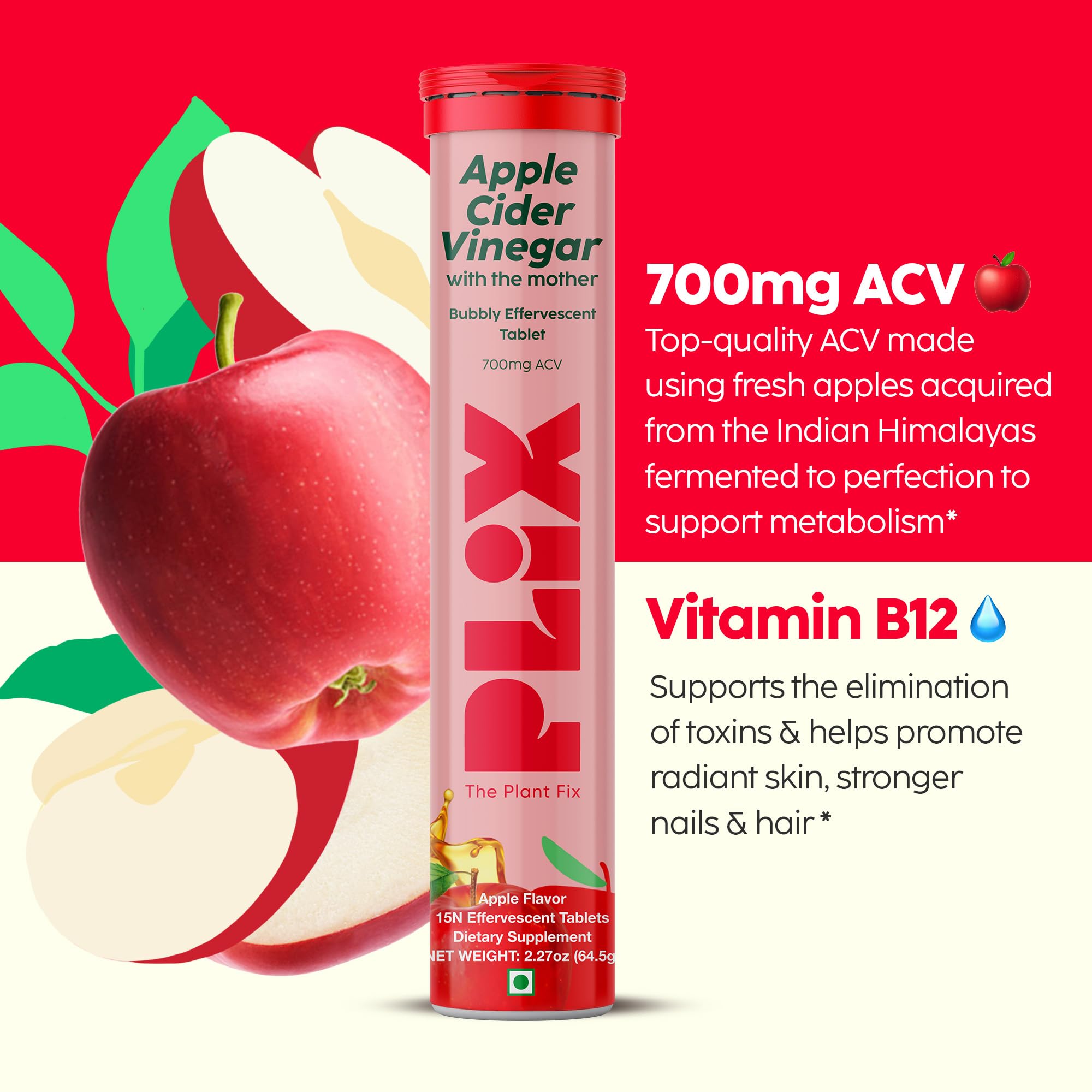 PLIX ACV tablets with The Mother symbol indicating natural source.
