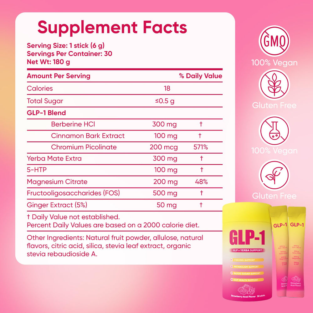 PlocoXe GLP-1 drink mix tub in strawberry acai showing on the go convenience