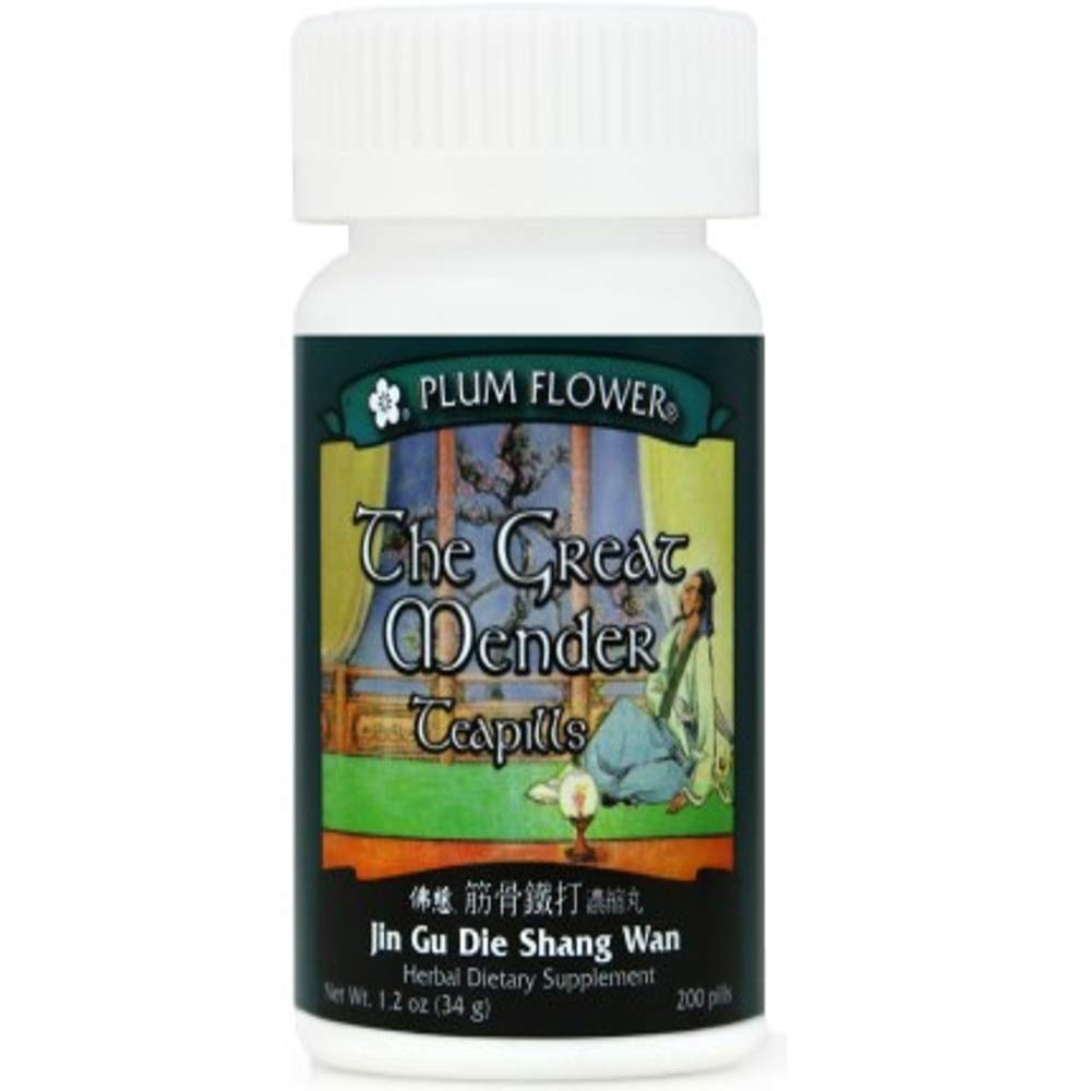 Plum Flower Great Mender Teapills bottle close-up highlighting branding and daily use