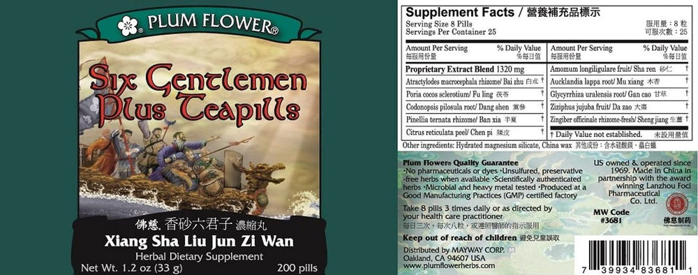Plum Flower Six Gentlemen Plus Teapills capsules closeup for easy daily use.