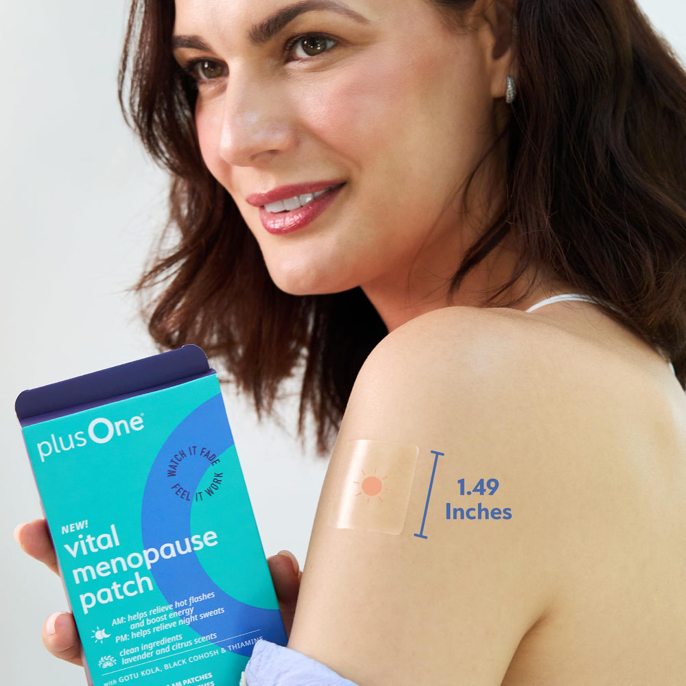 PlusOne Vital PM patch applied to arm for nighttime relaxation.