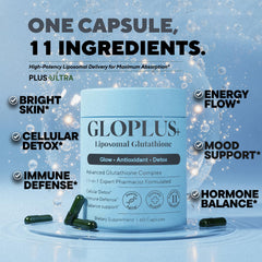 Plus+Ultra GLOPLUS+ capsules inside bottle highlight high-potency antioxidant delivery