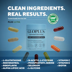 Plus+Ultra GLOPLUS+ ingredient label features NAC, resveratrol, and key vitamins