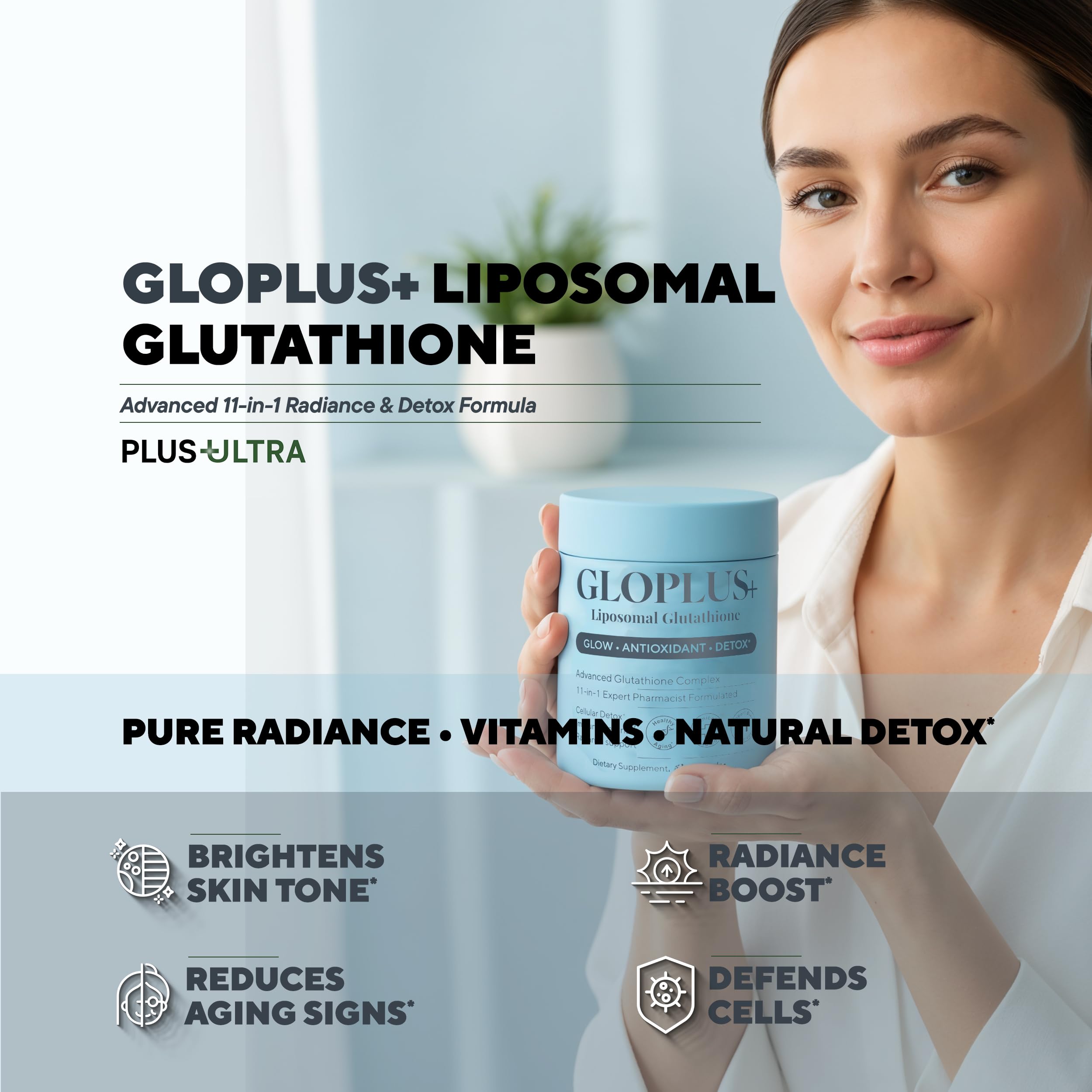 Plus+Ultra GLOPLUS+ packaging emphasizes liver detox and daily wellness support