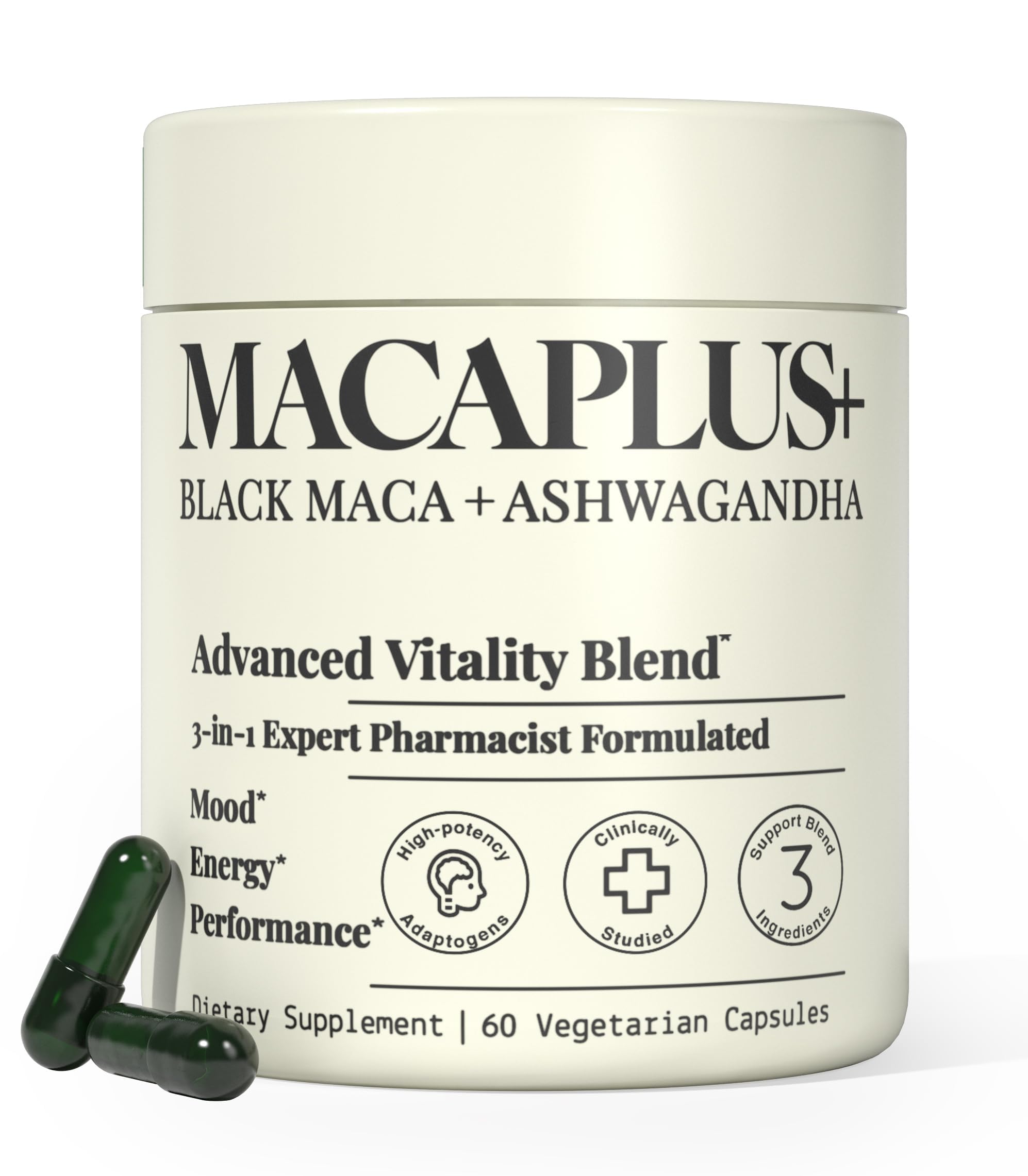 Plus+Ultra MACAPLUS+ bottle cap close-up showing easy-to-swallow capsules for daily energy.