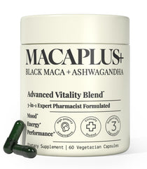 Plus+Ultra MACAPLUS+ bottle cap close-up showing easy-to-swallow capsules for daily energy.