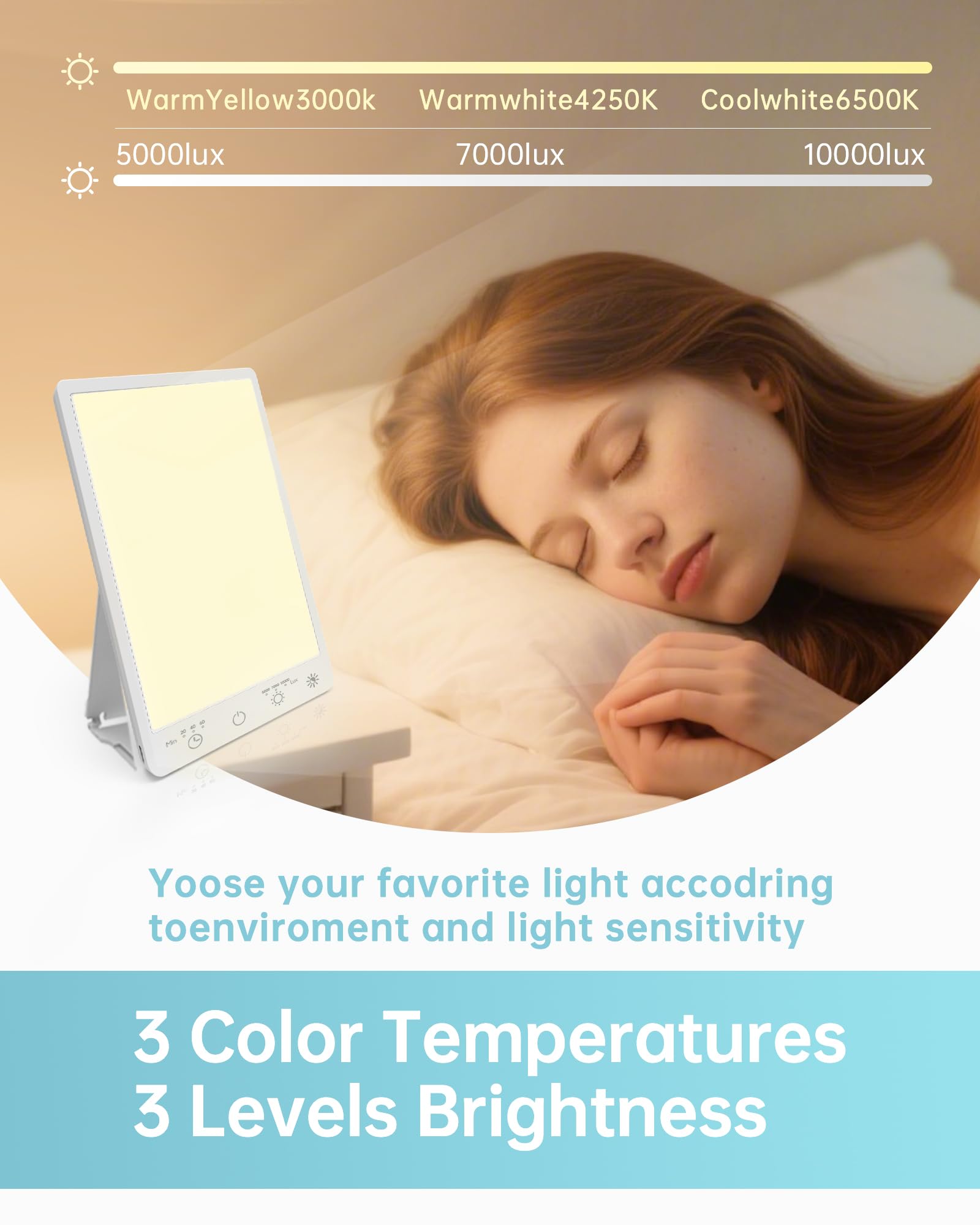 Plynvexa Light Therapy Lamp offers 3 color temperatures for mood and task settings.