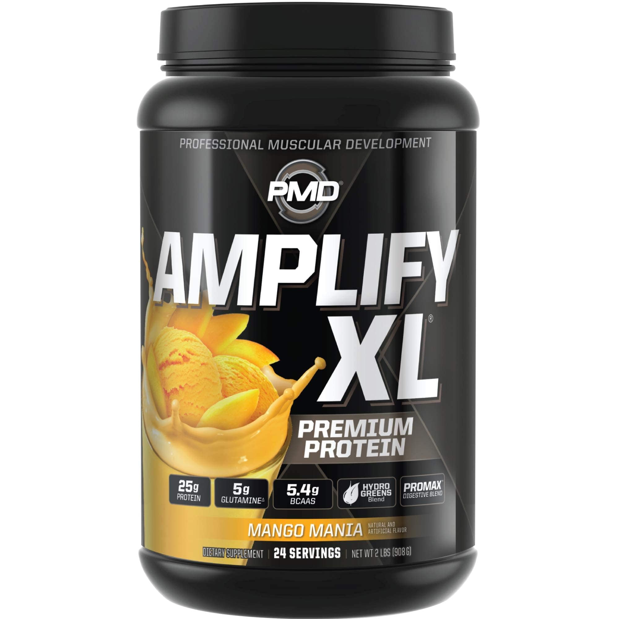 PMD Amplify XL Mango tub front shows premium protein blend for workouts