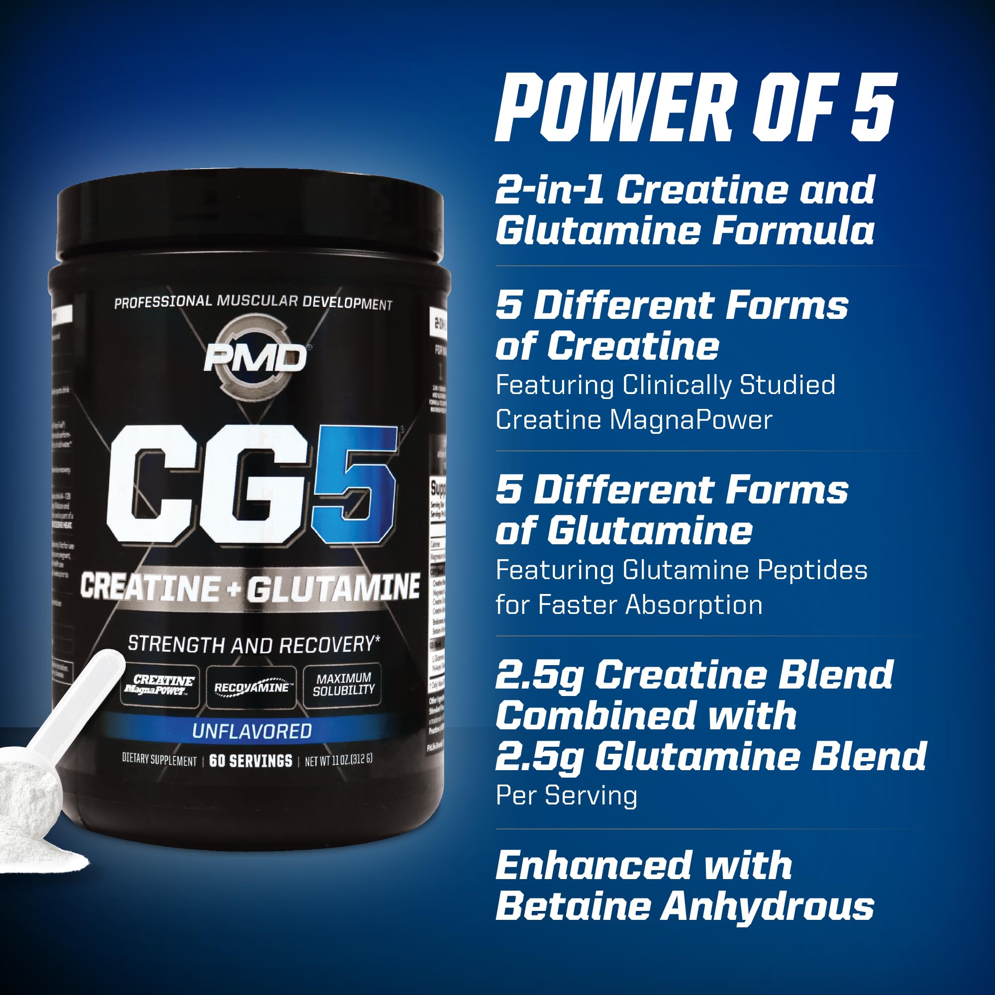 PMD CG5 glutamine multi-form blend close-up for recovery support.