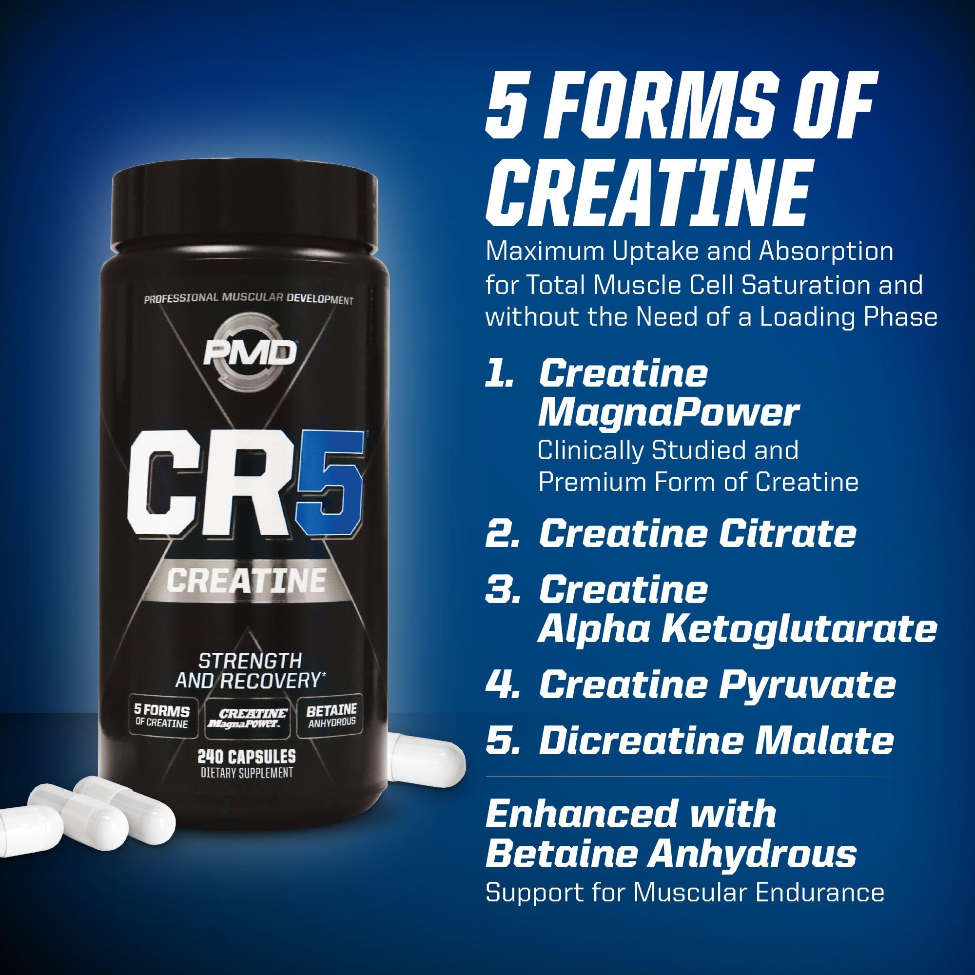 PMD CR5 labelling emphasizes energy-boosting dicreatine malate.