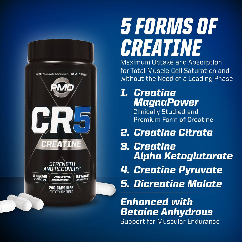 PMD CR5 labelling emphasizes energy-boosting dicreatine malate.