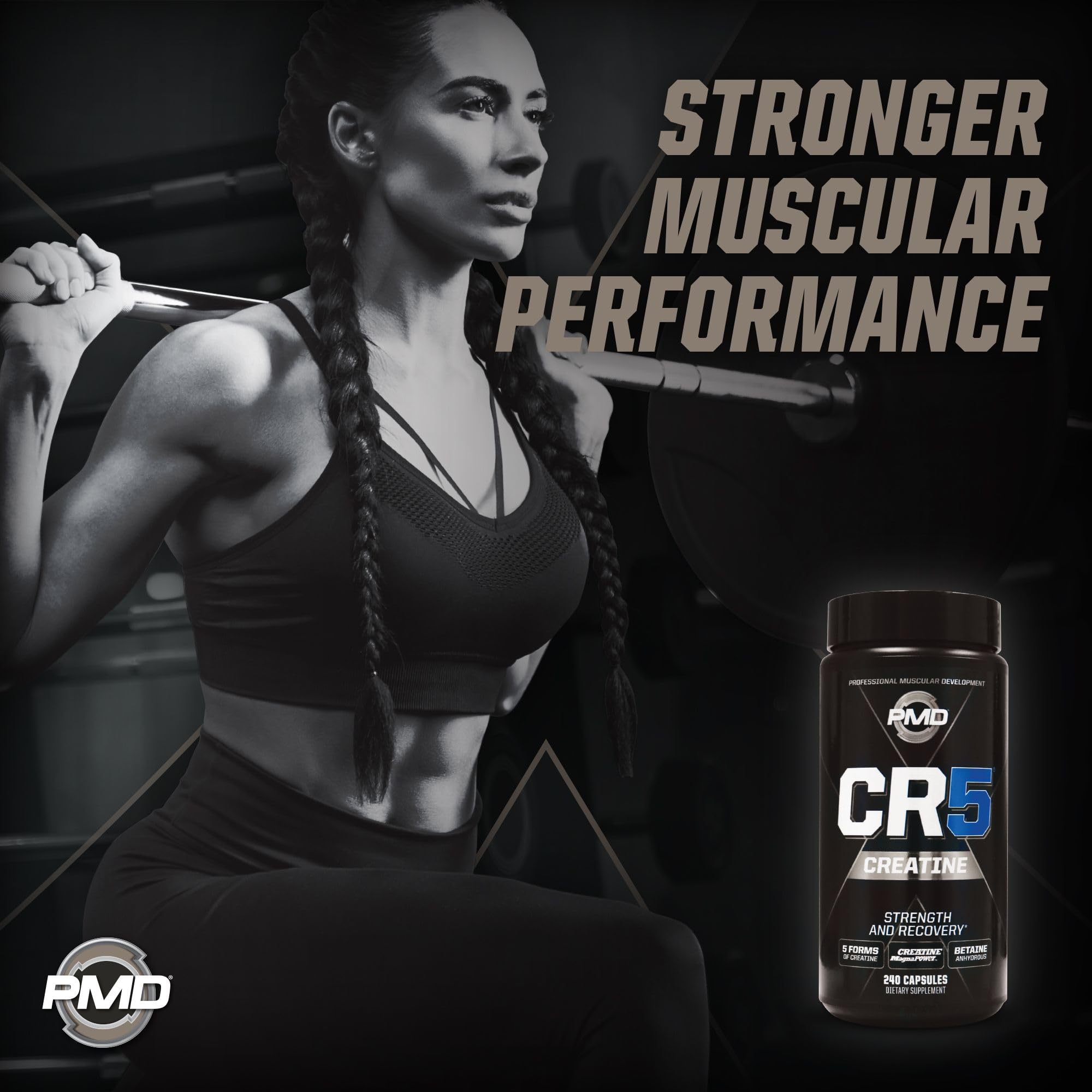 PMD CR5 bottle with ingredients list communicates diverse creatine complex benefits.