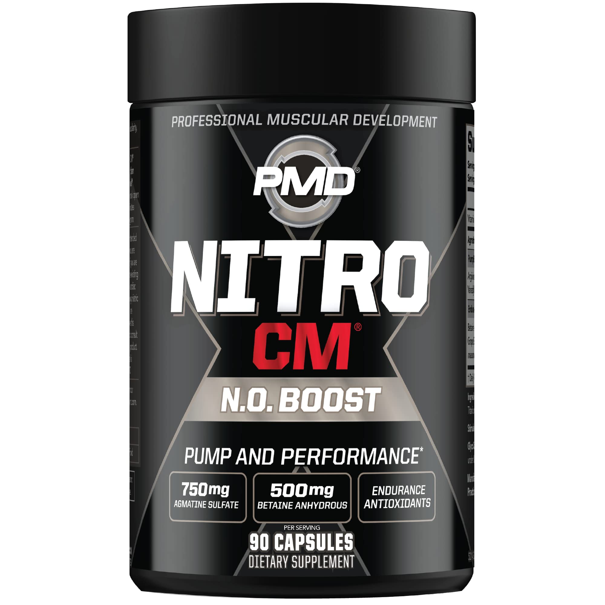 PMD NitroCM bottle pour showing dosage for pre-workout use.