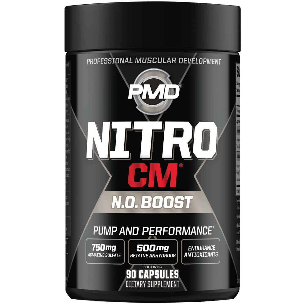 PMD NitroCM bottle pour showing dosage for pre-workout use.