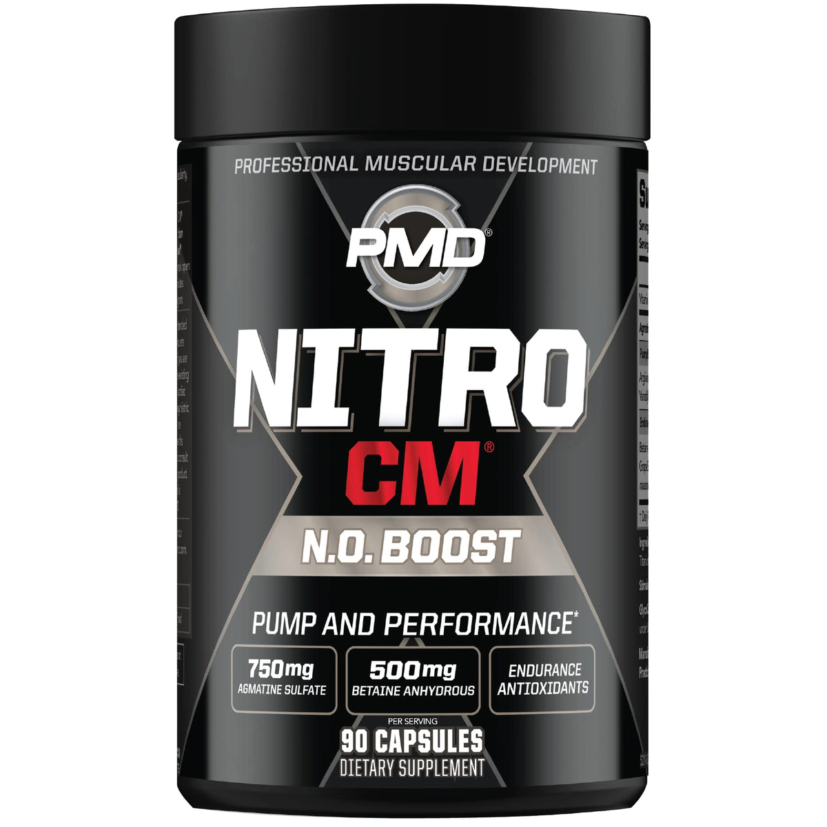 PMD NitroCM bottle pour showing dosage for pre-workout use.