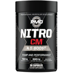 PMD NitroCM bottle pour showing dosage for pre-workout use.