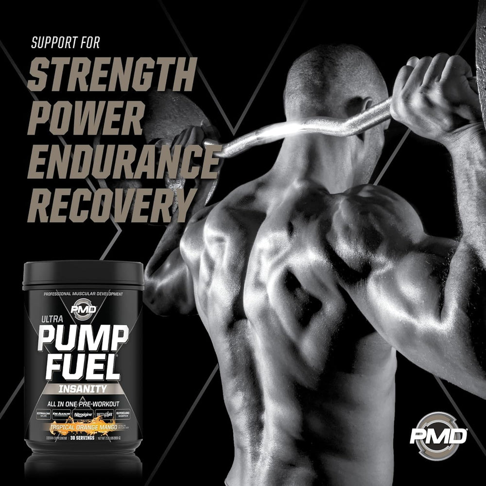 PMD Pump Fuel Ultra Insanity serving setup on a gym bench
