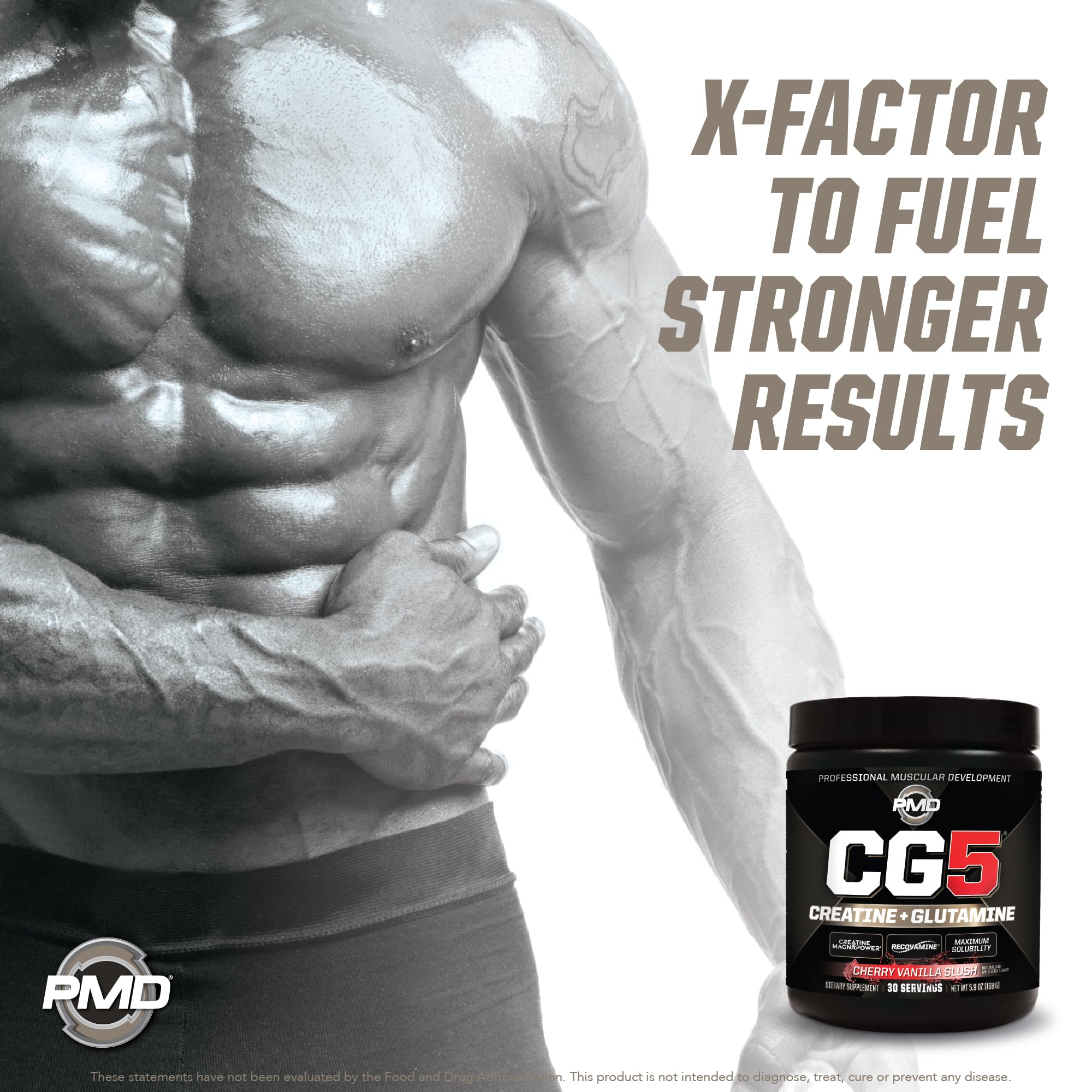 PMD Sports CG5 container on gym bench highlights 30-serving size