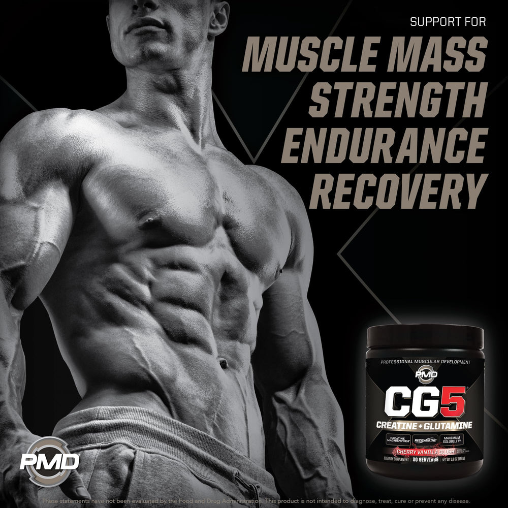 PMD Sports CG5 label close-up highlights MagnaPower and glutamine forms