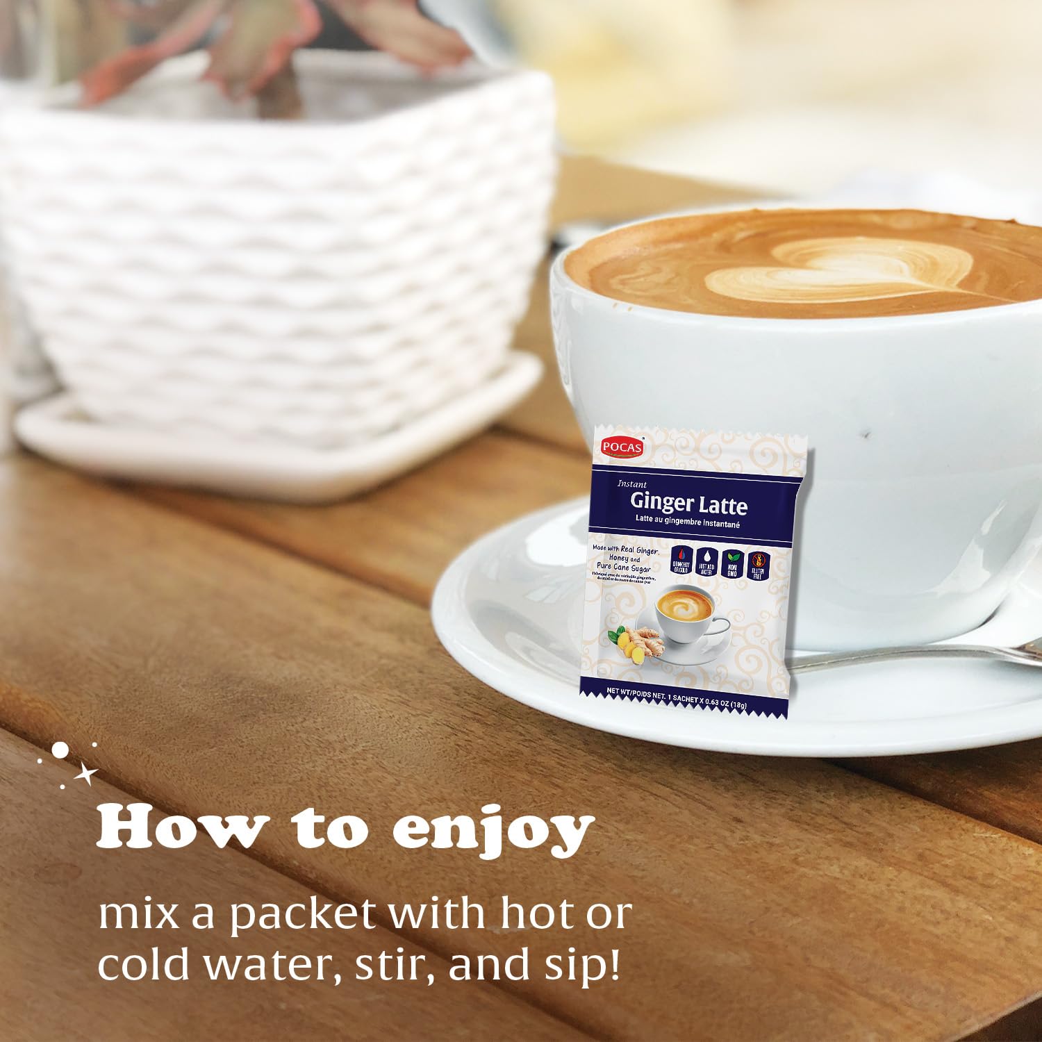 Creamy Pocas Ginger Latte poured into a cup, inviting aroma.