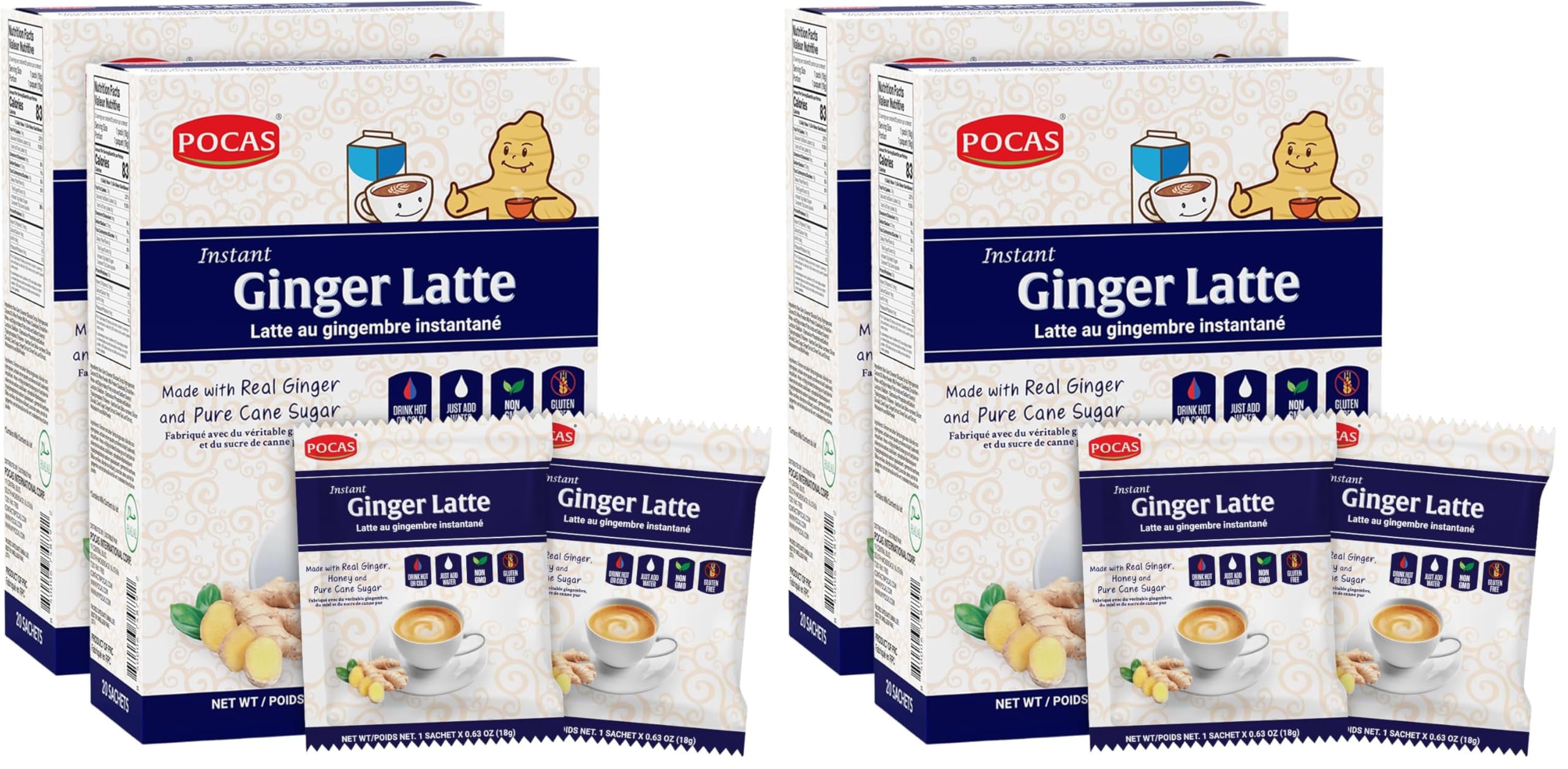 Pocas Ginger Latte instant tea 4-pack front label highlighting convenience for mornings