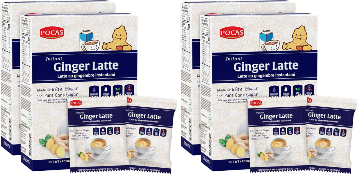 Pocas Ginger Latte instant tea 4-pack front label highlighting convenience for mornings